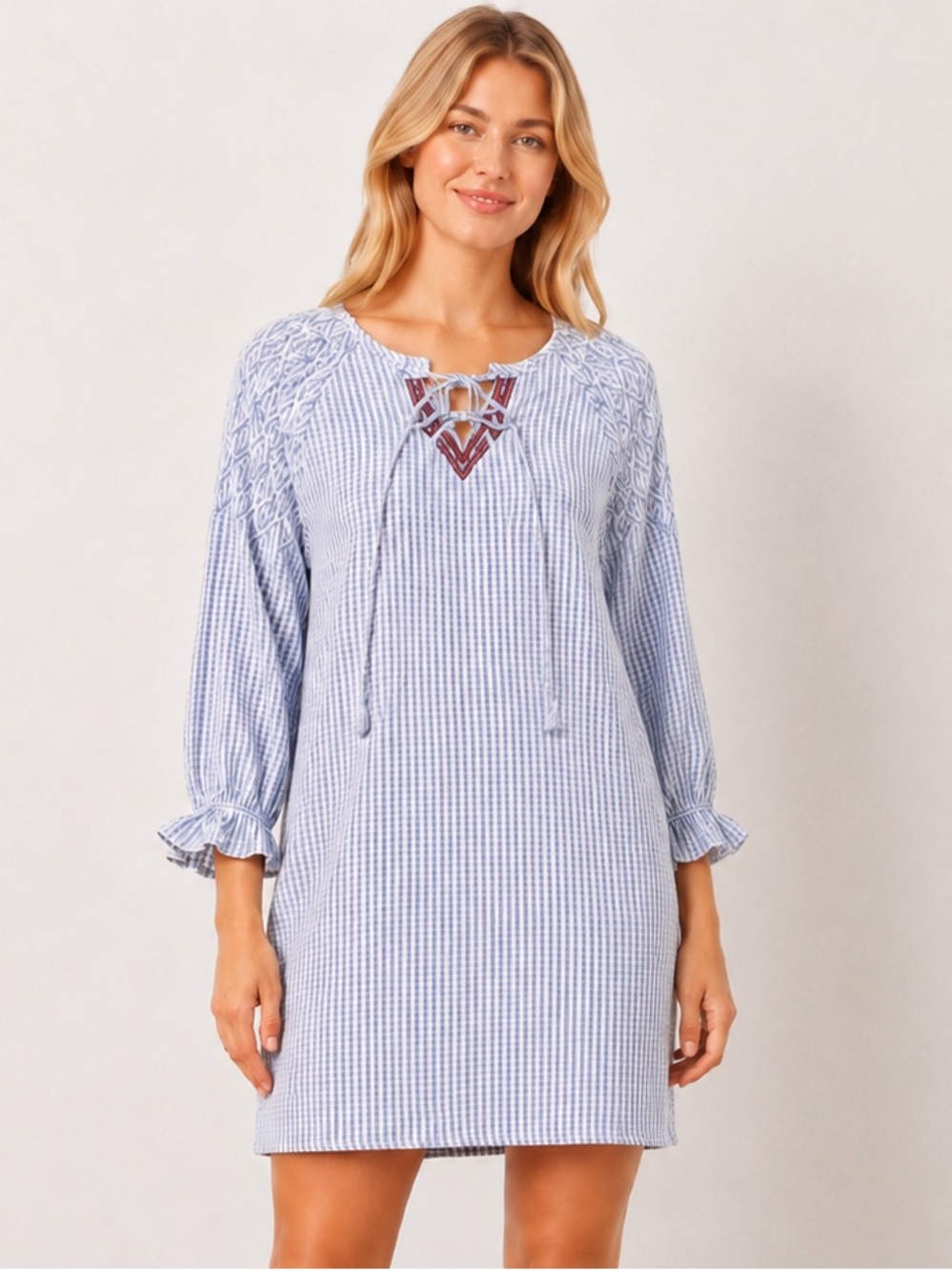 Emberley Blue White Seersucker Gingham Shift Dress M Embroidered 100% Cotton
